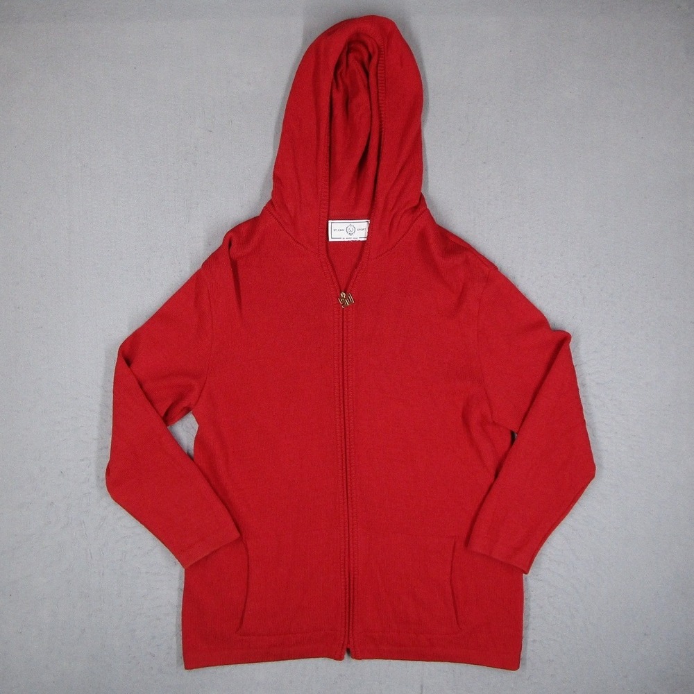 St John Sport Marie Gray Red Knit Zip Up Hoodie Gold Logo Zipper Pull Womens